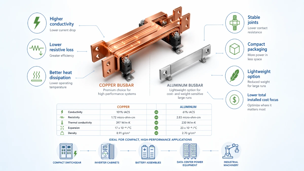 Copper remains the default material for premium rigid busbars